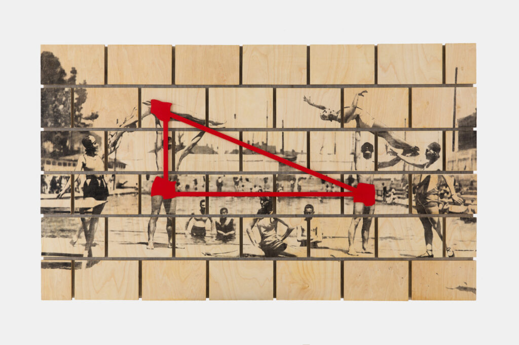 Wood assemblage artwork based on an archival photograph of Park Krakowski in Krakow, depicting the former public swimming pool that disappeared after World War I. A contemporary reinterpretation of urban memory and lost recreational infrastructure.