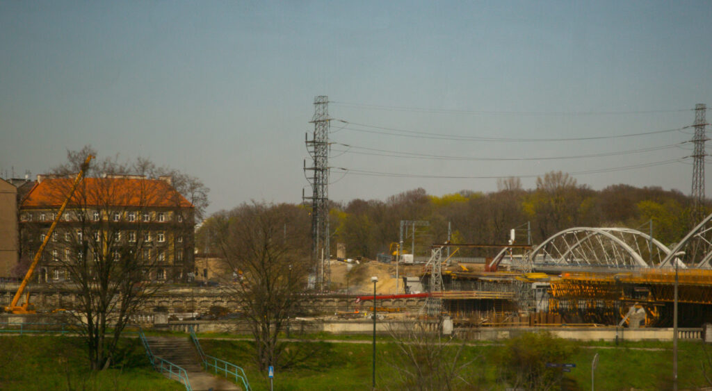 Construction site and railway infrastructure projected inside the Salt Storage using camera obscura.